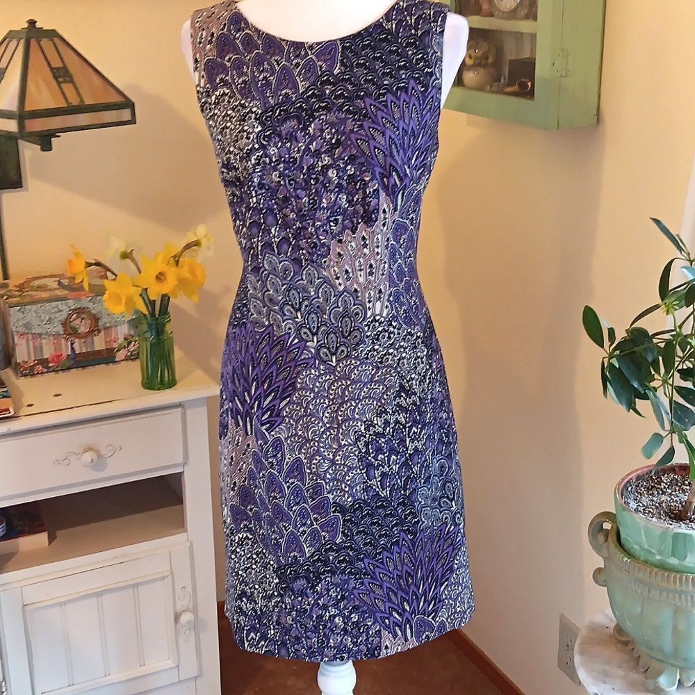 Connected Apparel Purple Feathery Dress. Patchwork. Feathers. Arabesque.